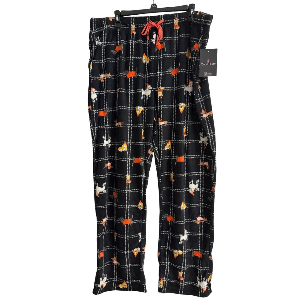 Cuddl Duds Mens XXL Fleece Pajama Pants Black Plaid Holiday Dog pocketsNew